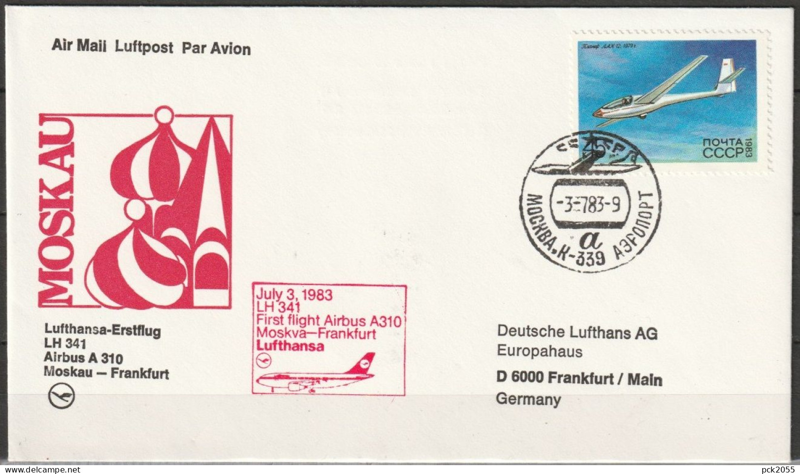 BRD Flugpost /Erstflug Airbus A310  LH 341  Moskau - Frankfurt 3.7.1983 Ankunftstempel 3.7.83 (FP 282 ) - Eerste Vluchten