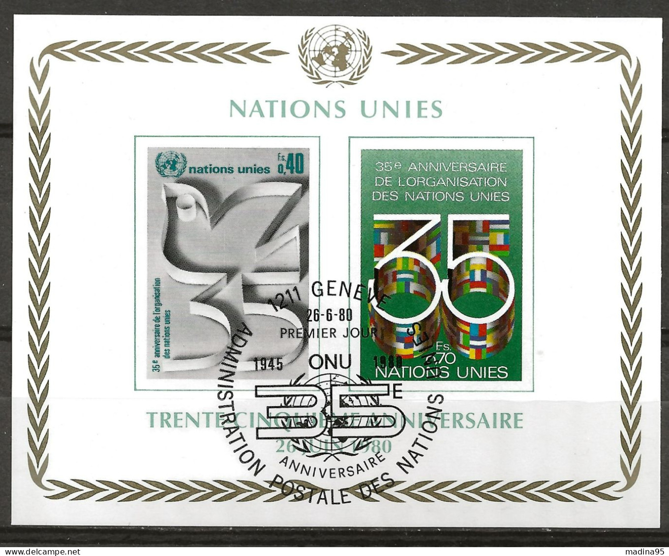 NATIONS-UNIES GENEVE: Obl., BF N° YT 2, Obl. PJ, TB - Blokken & Velletjes