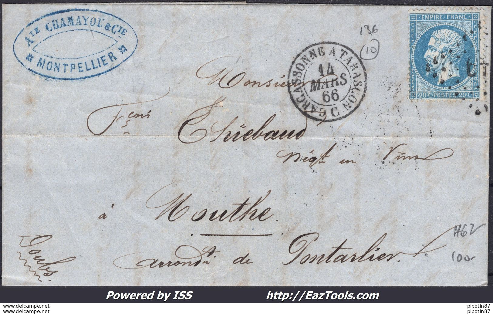 FRANCE N°22 SUR LETTRE AVEC AMBULANT CT + CAD CARCASSONNE A TARASCON 14/03/1866 - 1862 Napoléon III.