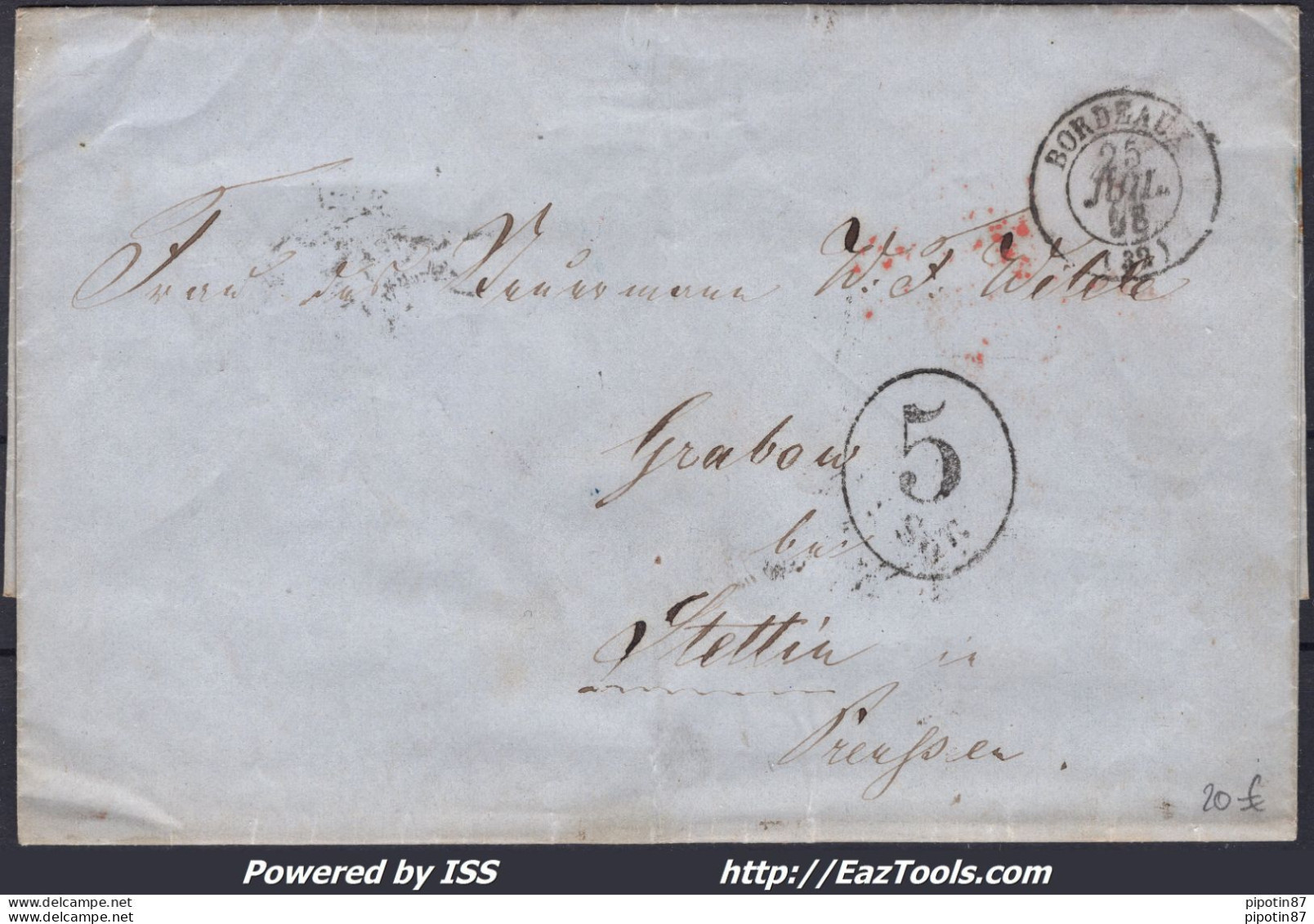 FRANCE MARQUE POSTALE POUR LA PRUSSE AVEC CAD BORDEAUX DU 25/07/1858 + TAXE 5gr - Otros & Sin Clasificación