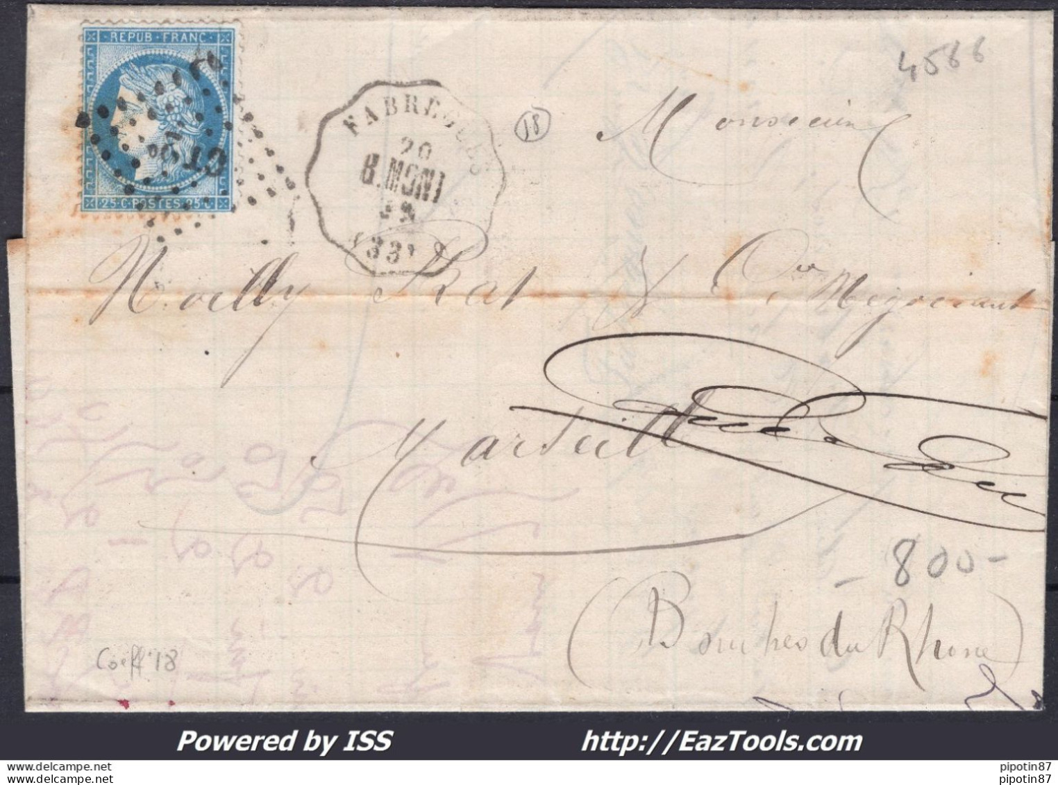 FRANCE N°60C SUR LETTRE CACHET CONVOYEUR DE STATION FABREGUES LIGNE 79 B.MONT. RARE - 1871-1875 Ceres