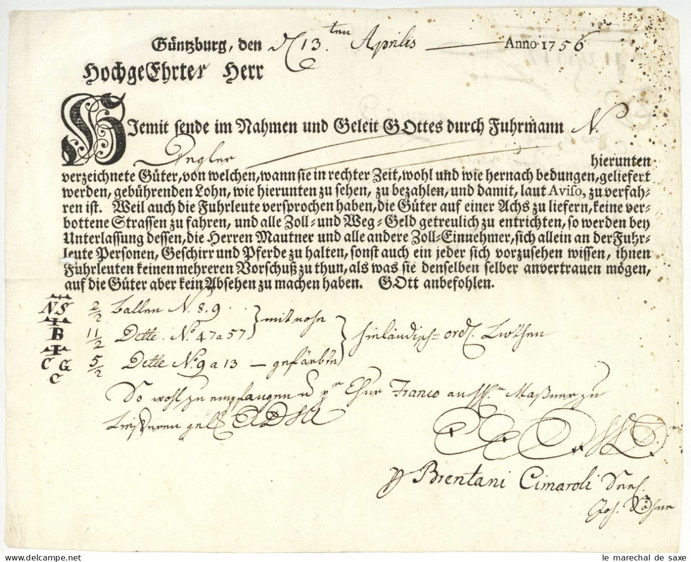 Günzburg 1756 Früher Fuhrmannsbrief Nach Lindau Bodensee - Historical Documents