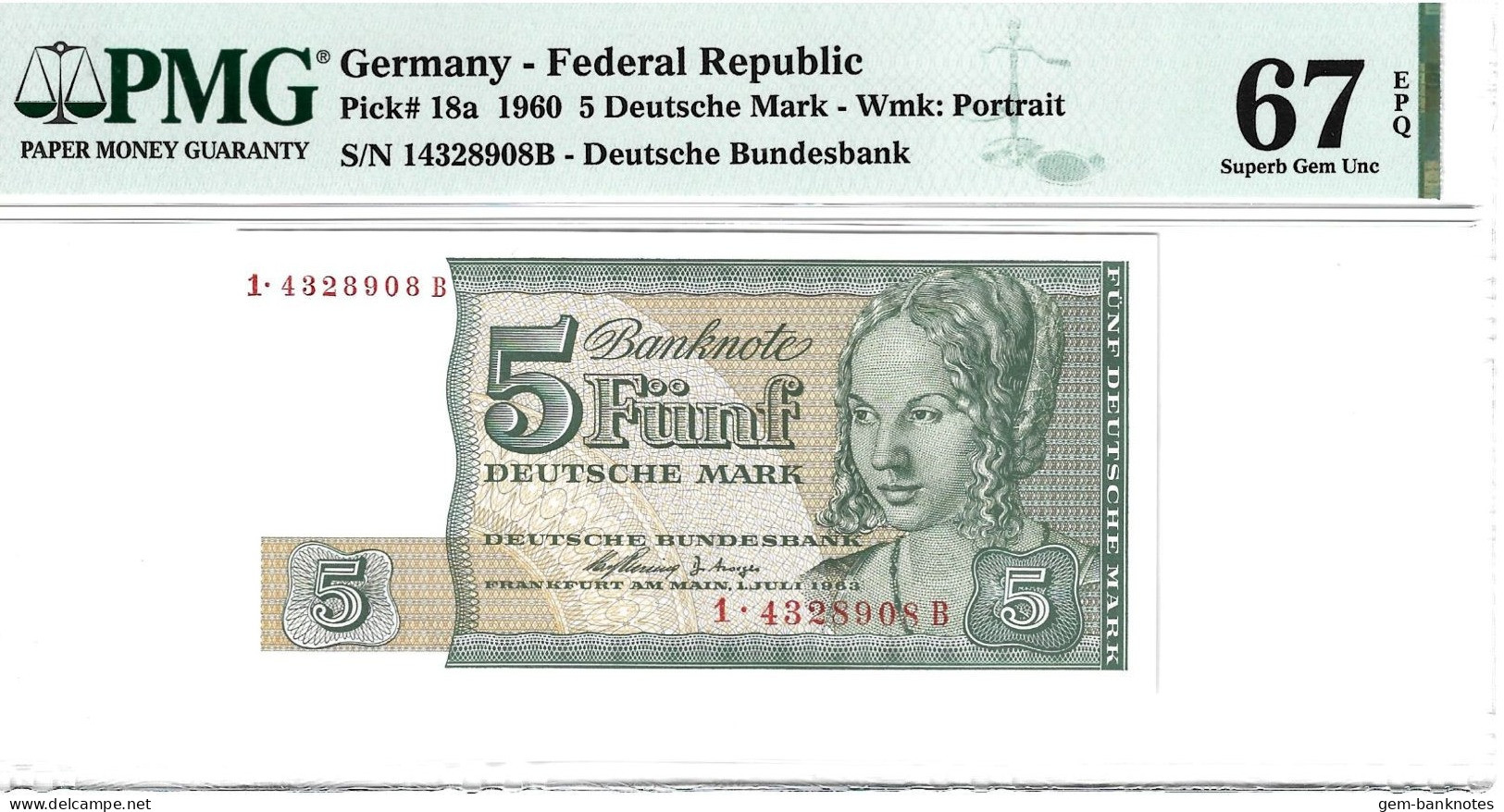 Germany-Federal Republic 5 Deutsche Mark 1960 P18a Graded 67 EPQ SuperGem Uncirculated By PMG - 5 Deutsche Mark