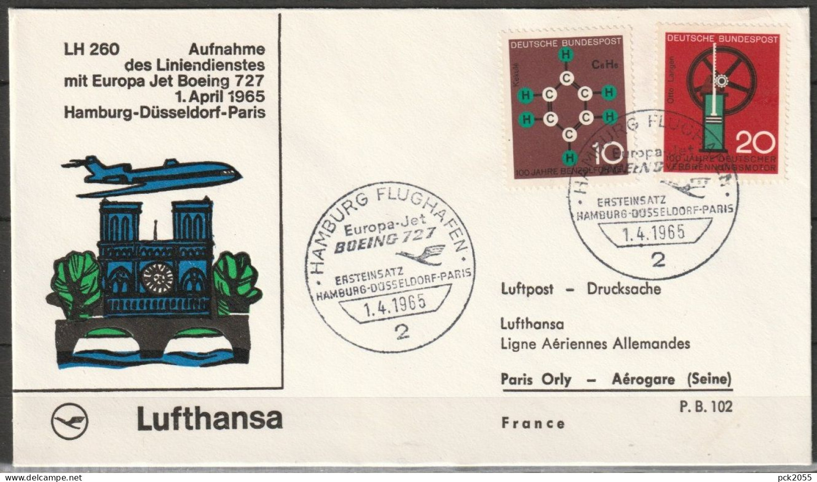 BRD Flugpost /Erstflug Boeing 727  LH 260 Hamburg - Paris 1.4.1965 Ankunftstempel 1.4.65 (FP 286 ) - Premiers Vols