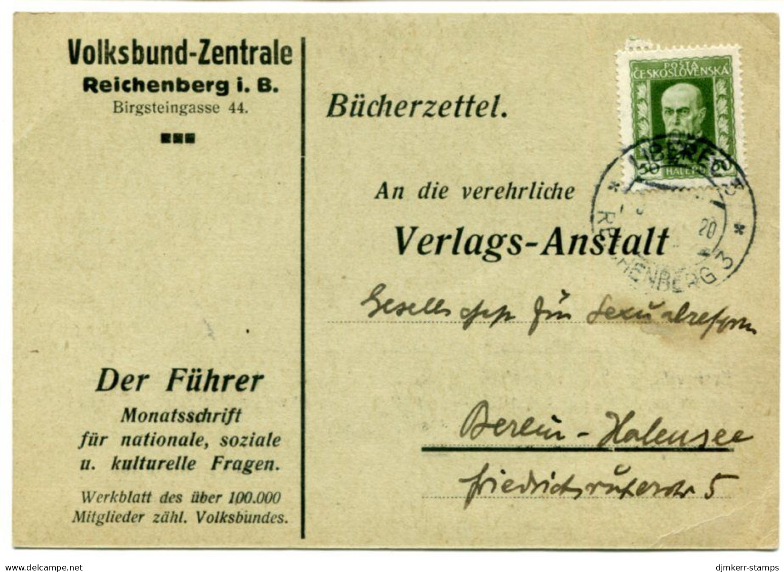 CZECHOSLAVKIA 1925 Postcard With 50 H. Masaryk Single Franking.  Michel 221 - Briefe U. Dokumente