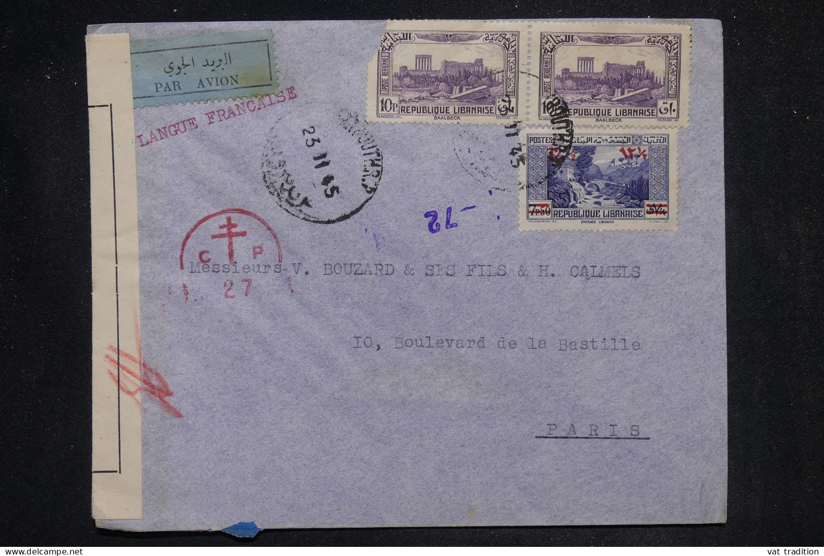 LIBAN - Enveloppe Commerciale De Beyrouth Pour Paris En 1945 Avec Contrôle Postal - L 148269 - Covers & Documents