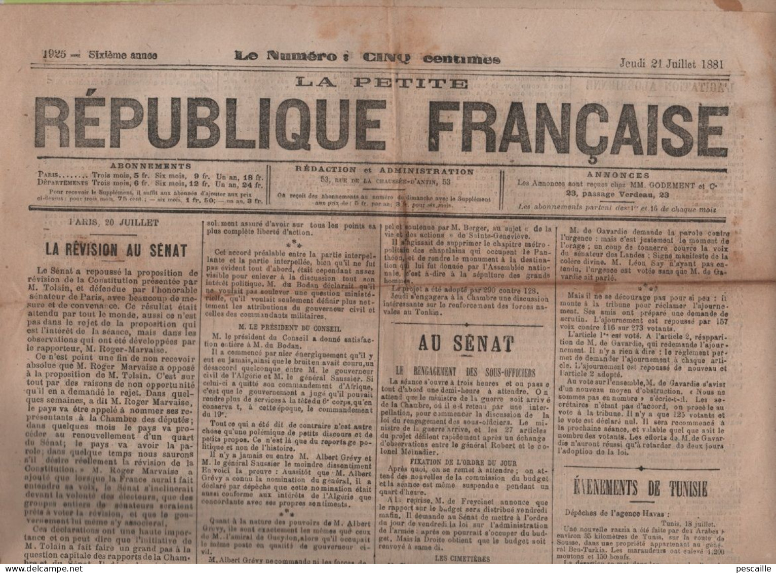 LA PETITE REPUBLIQUE FRANCAISE 21 07 1881 - CHAMBRE DEPUTES - SENAT - TUNISIE - EAU A PARIS - ALGERIE - RHONE NEUVILLE - 1850 - 1899