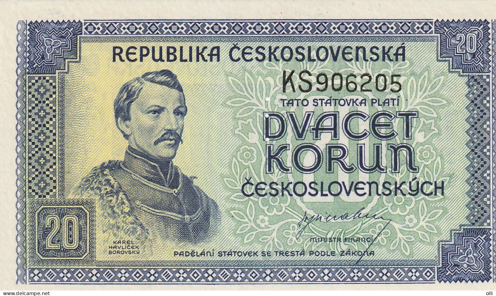 Czechoslovakia 20 Korun, P-61  ND/1945  UNC SPECIMEN - Czechoslovakia