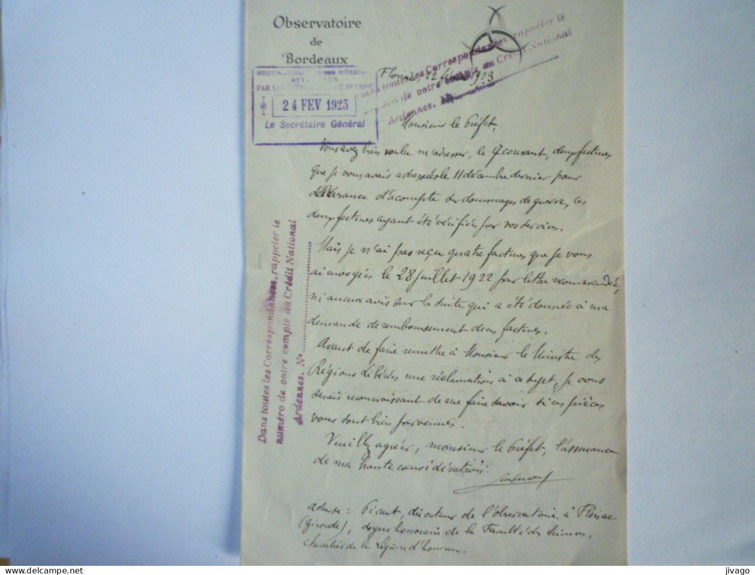 2023 - 2787  LETTRE De L'OBSERVATOIRE De BORDEAUX  1923   XXX - Non Classificati