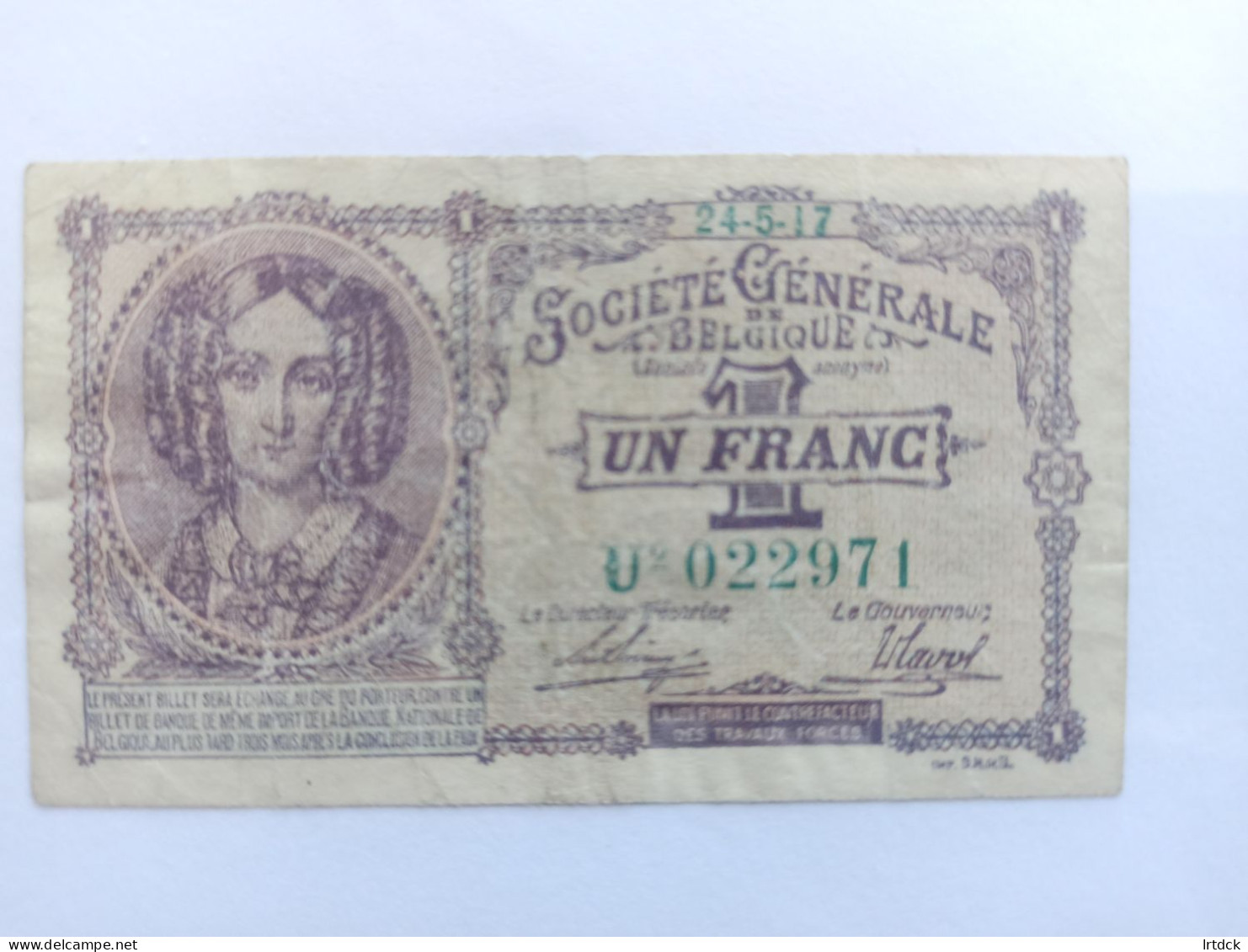 Billet Belgique 1 Franc 1917 - Other & Unclassified