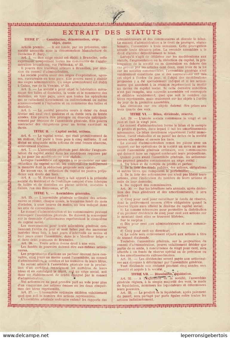 -Titre De 1927 - Manufacture De Dentelles F. Sury - Déco - - Textile