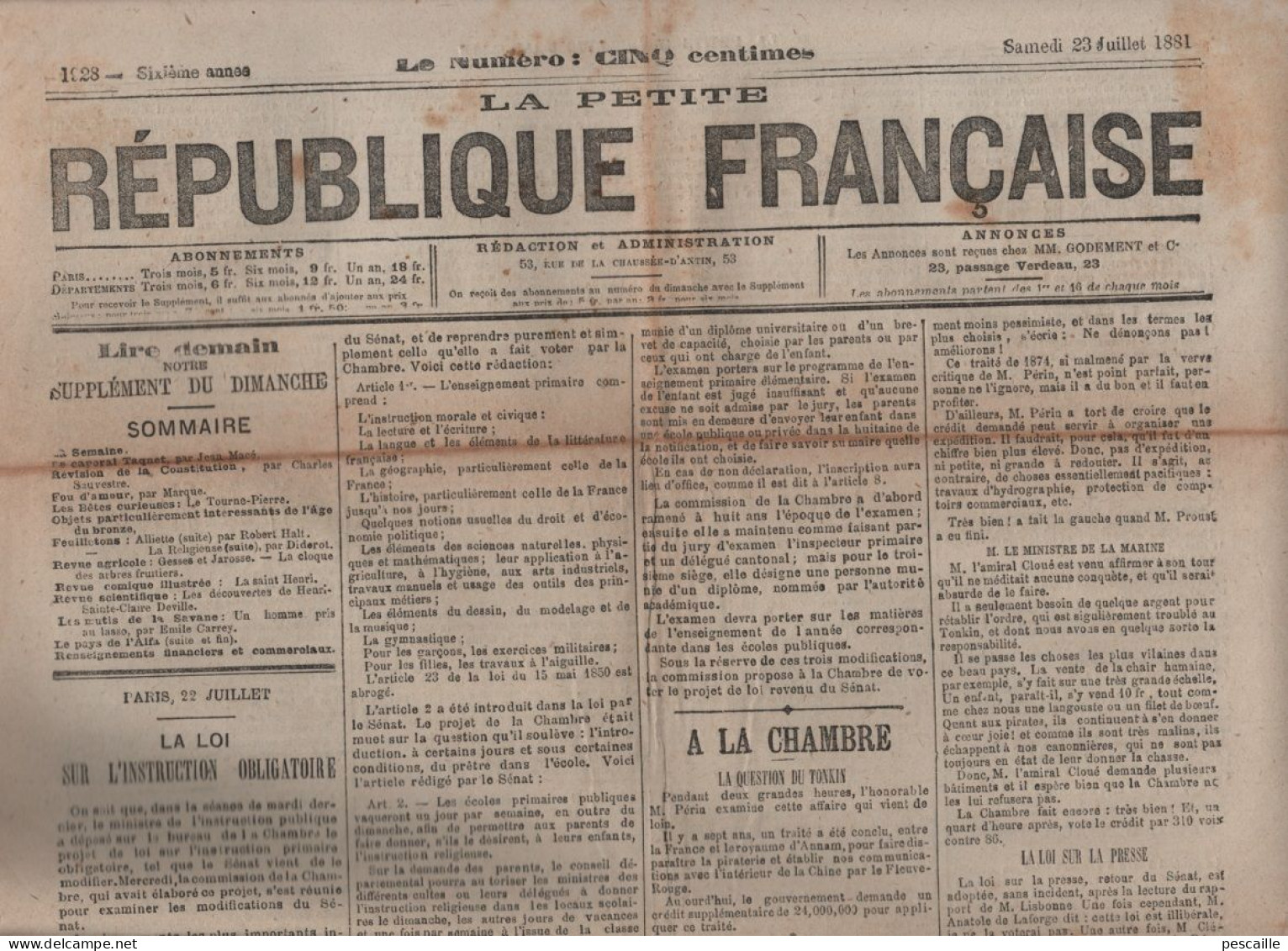 LA PETITE REPUBLIQUE FRANCAISE 23 07 1881 - INSTRUCTION OBLIGATOIRE - TONKIN - IRLANDE - EAU A PARIS - - 1850 - 1899