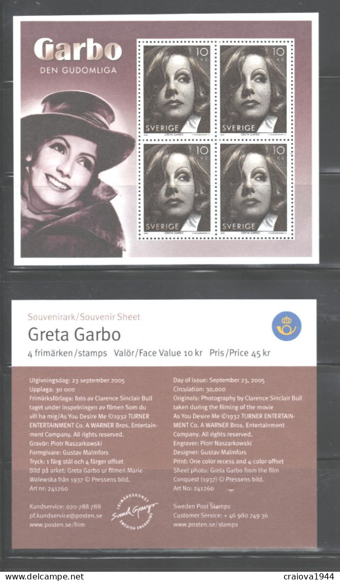 SWEDEN 2005 "GRETA GARBO" MS. #2517e COMPLETE, ONLY 30,000 ISSUED MNH - Ungebraucht