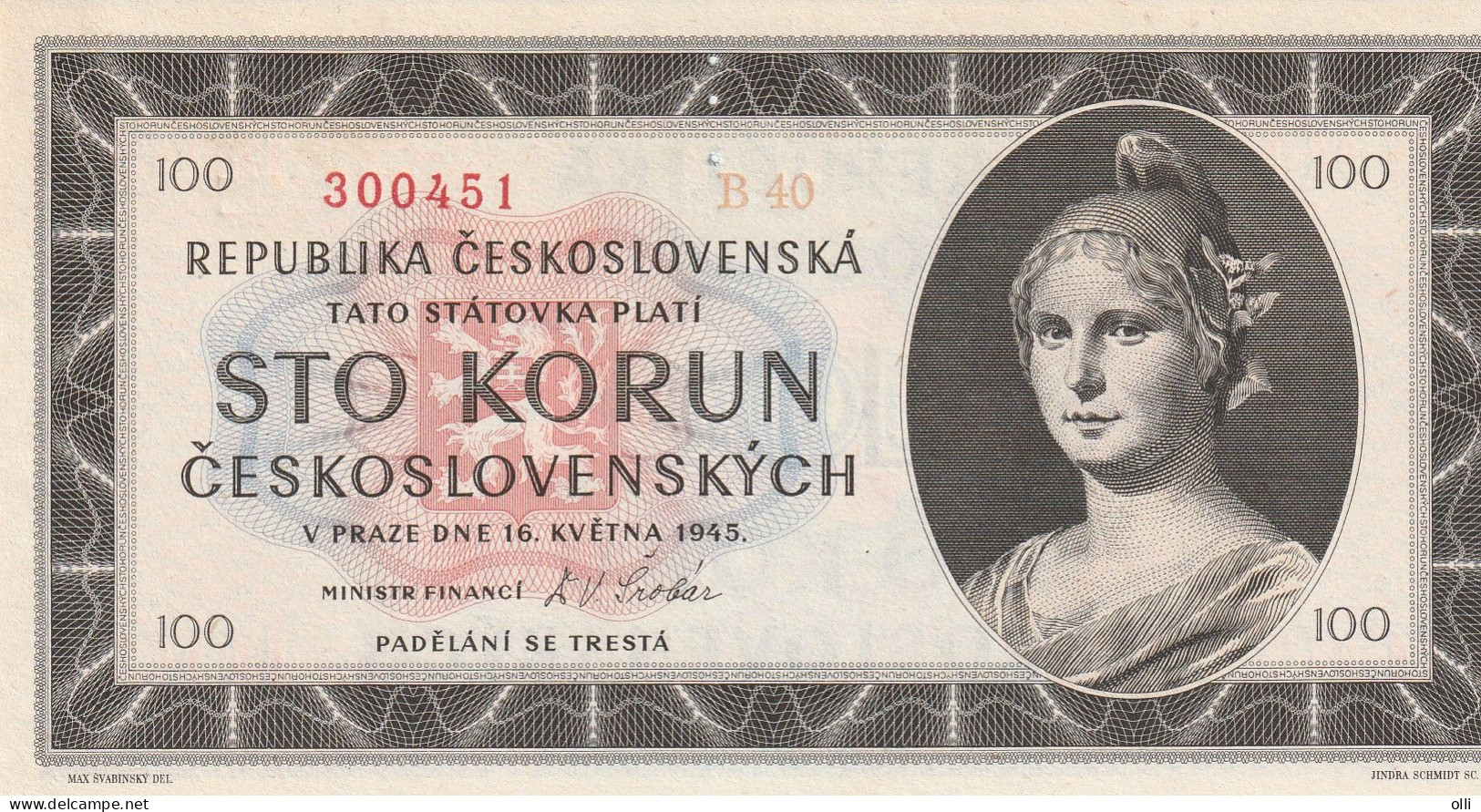 Czechoslovakia 100 Korun, P-67  1945  UNC  SPECIMEN - Tsjechoslowakije