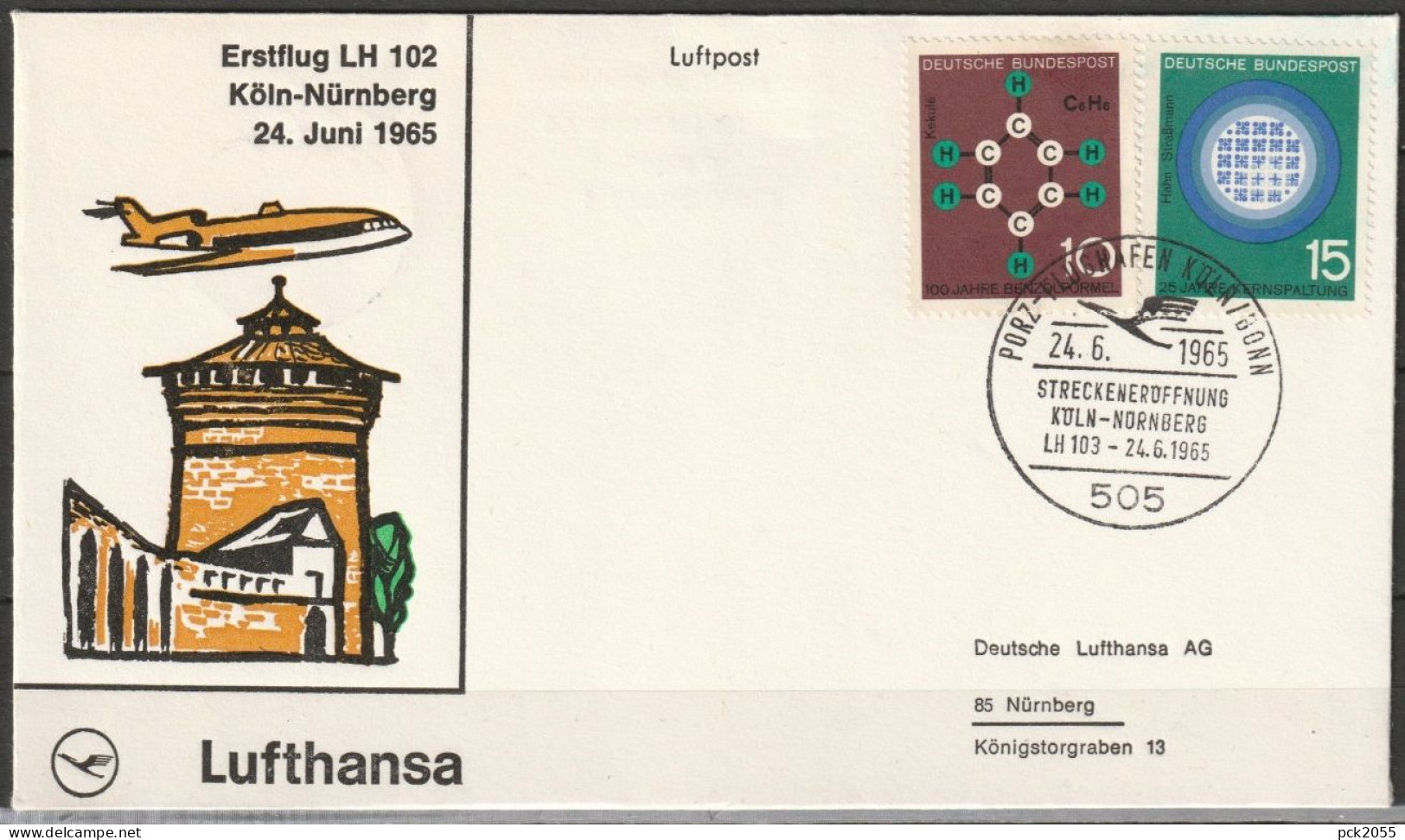 BRD Flugpost /Erstflug Boeing 727  LH 102 Köln - Nürnberg 24.6.1965 Ankunftstempel 24.6.65 (FP 289 ) - Premiers Vols