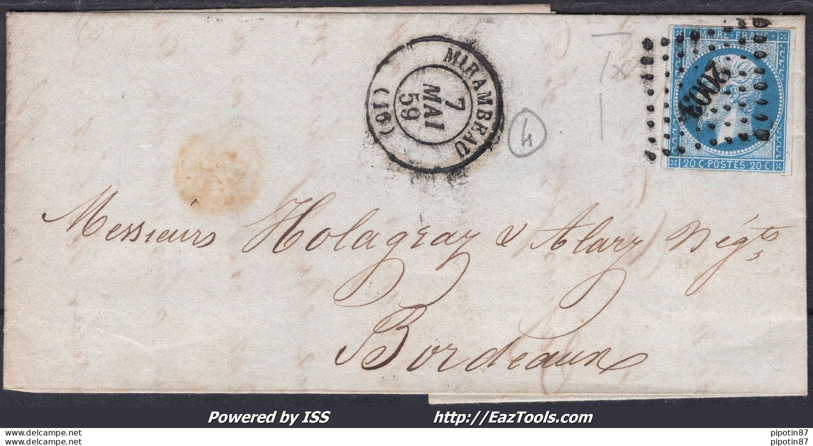 FRANCE N°14A SUR LETTRE PC 2003 MIRAMBEAU CHARENTE INF + CAD DU 07/05/1859 - 1853-1860 Napoleon III