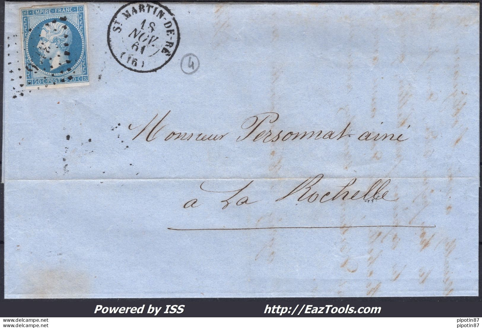 FRANCE N°14B SUR LETTRE PC 3196 ST MARTIN DE RÉ CHARENTE INF + CAD DU 18/11/1861 - 1853-1860 Napoleon III