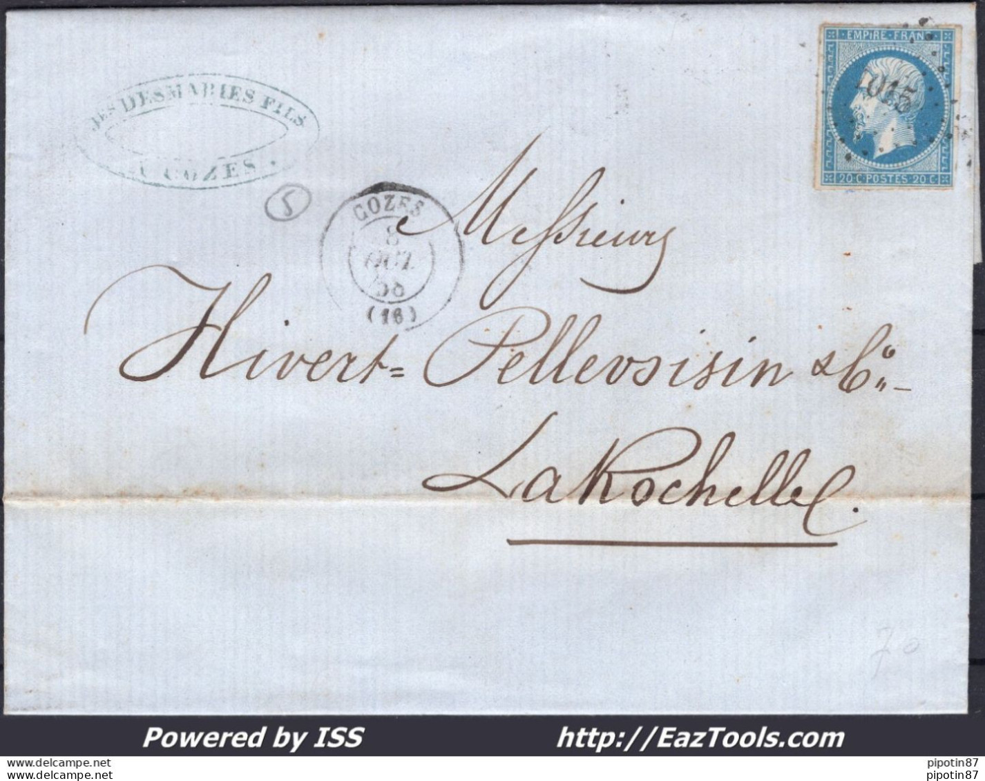 FRANCE N°14A SUR LETTRE PC 1015 COZES CHARENTE INF + CAD DU 08/10/1858 - 1853-1860 Napoléon III