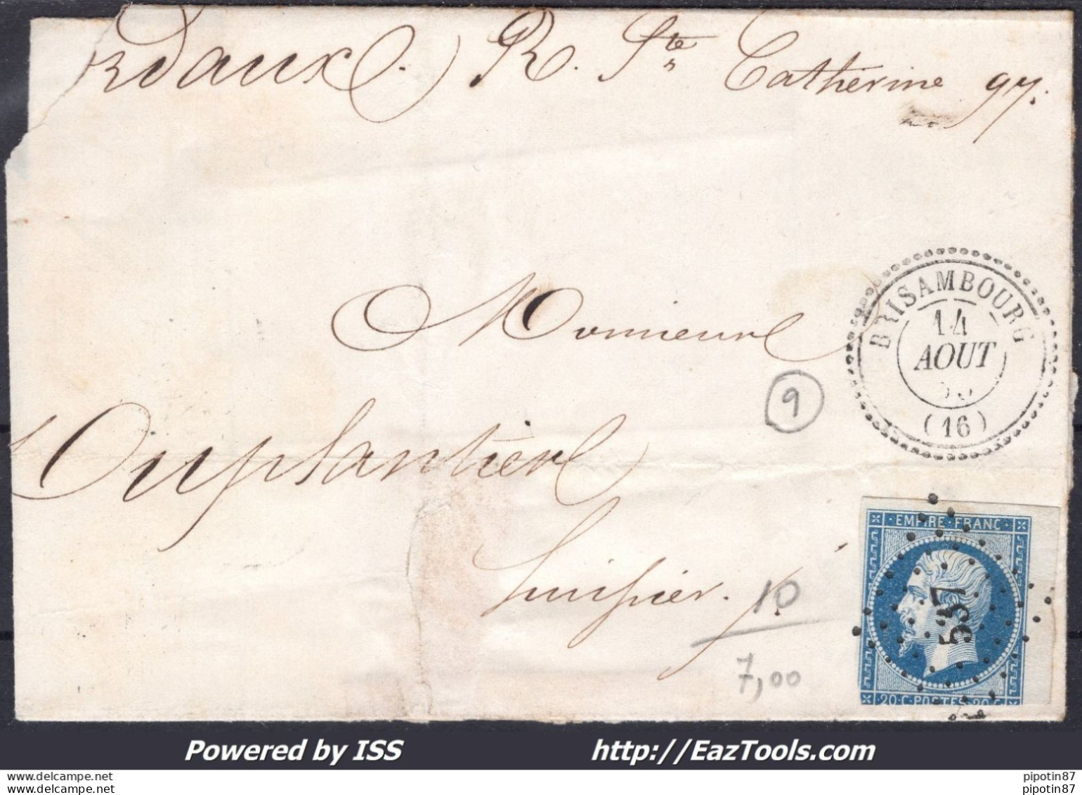 FRANCE N°14A SUR LETTRE PC 537 BRISAMBOURG CHARENTE INF + CAD DU 14/08/1855 - 1853-1860 Napoléon III.