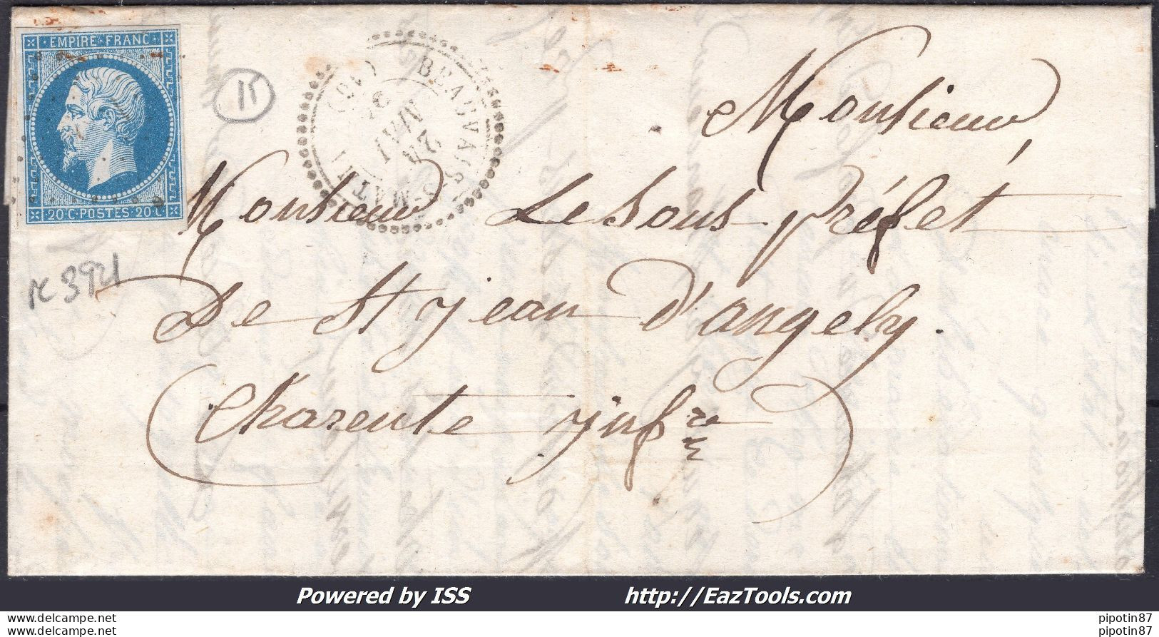 FRANCE N°14A SUR LETTRE PC 3921 BEAUVAIS SOUS MATHA CHARENTE INF + CAD DU 24/05/1858 - 1853-1860 Napoleon III