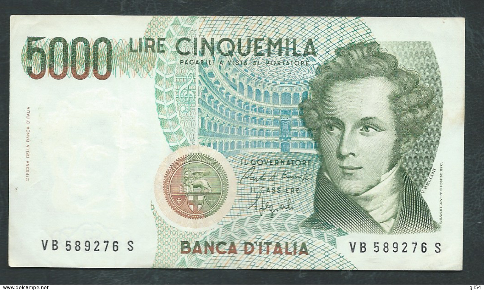 Billet ,ITALIE  5.000 LIRE - VINCENZO BELLINI  Année 1985 VB589276S  - Laura 13009 - 5.000 Lire
