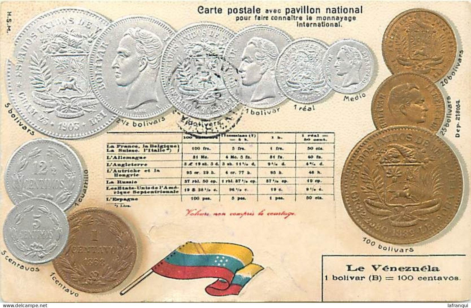 Themes Div Ref UU18- Carte Gaufrée - Monnaies - Monnaie Representation -le Venezuela -bolivar - - Monnaies (représentations)