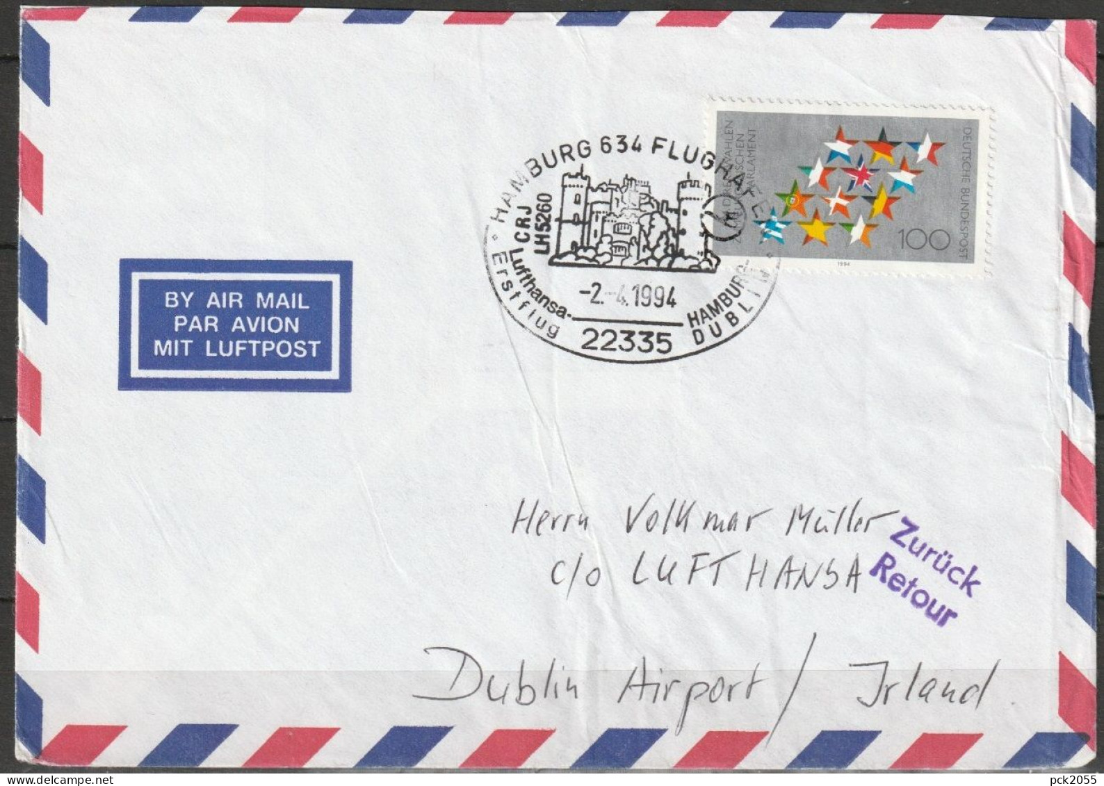 BRD Flugpost /Erstflug Canadair RJ  LH 5260 Hamburg - Dublin 2.4.1994 Ankunftstempel 2.4.94 (FP 300 ) - Erst- U. Sonderflugbriefe