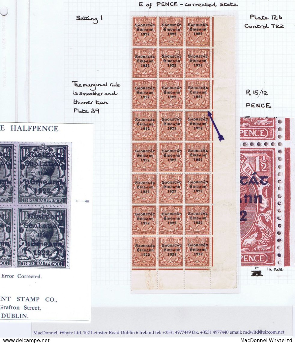 Ireland 1922-23 Thom Saorstat 3-line Ovpt On 1½d, Var. PENCF Corrected Of Row 15/12 In A Corner Block Of 24 Mint - Unused Stamps