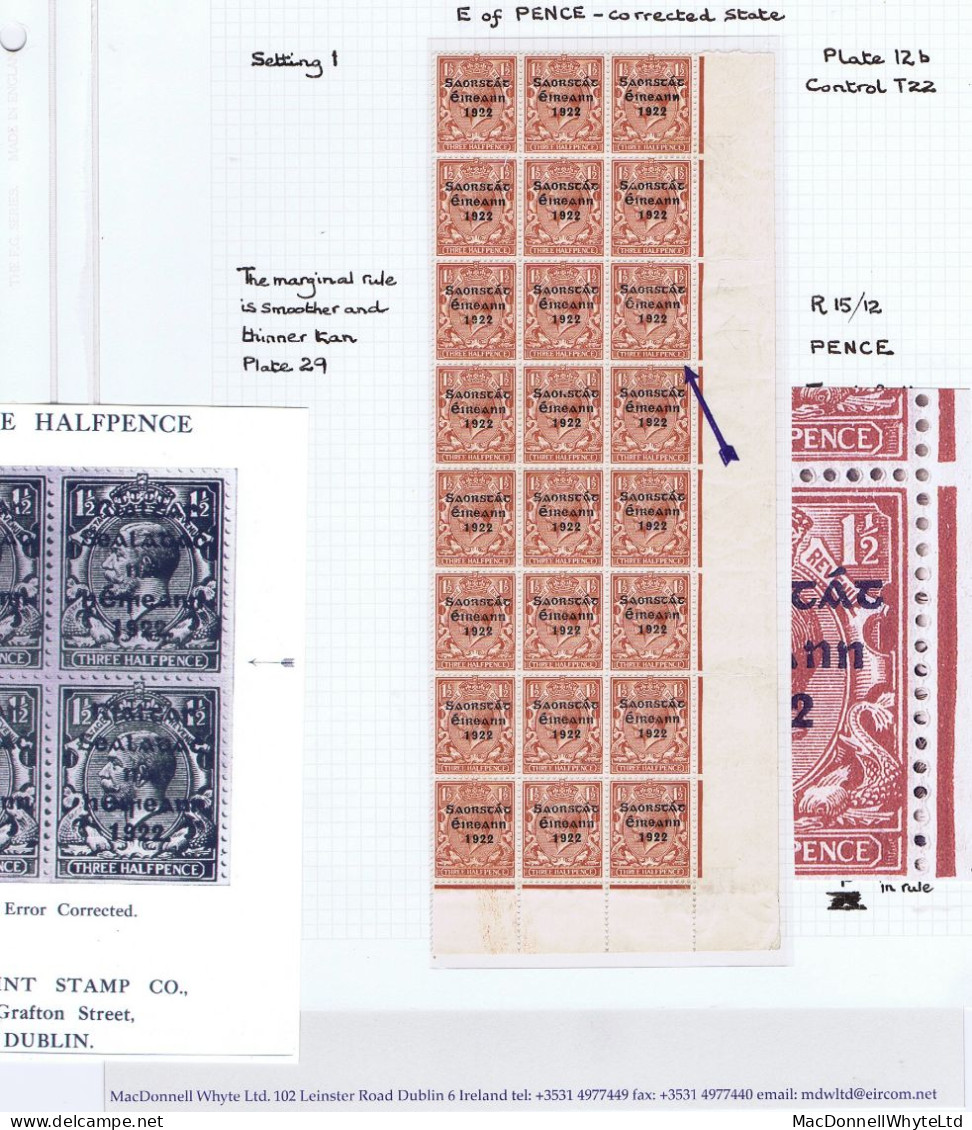 Ireland 1922-23 Thom Saorstat 3-line Ovpt On 1½d, Var. PENCF Corrected Of Row 15/12 In A Corner Block Of 24 Mint - Neufs