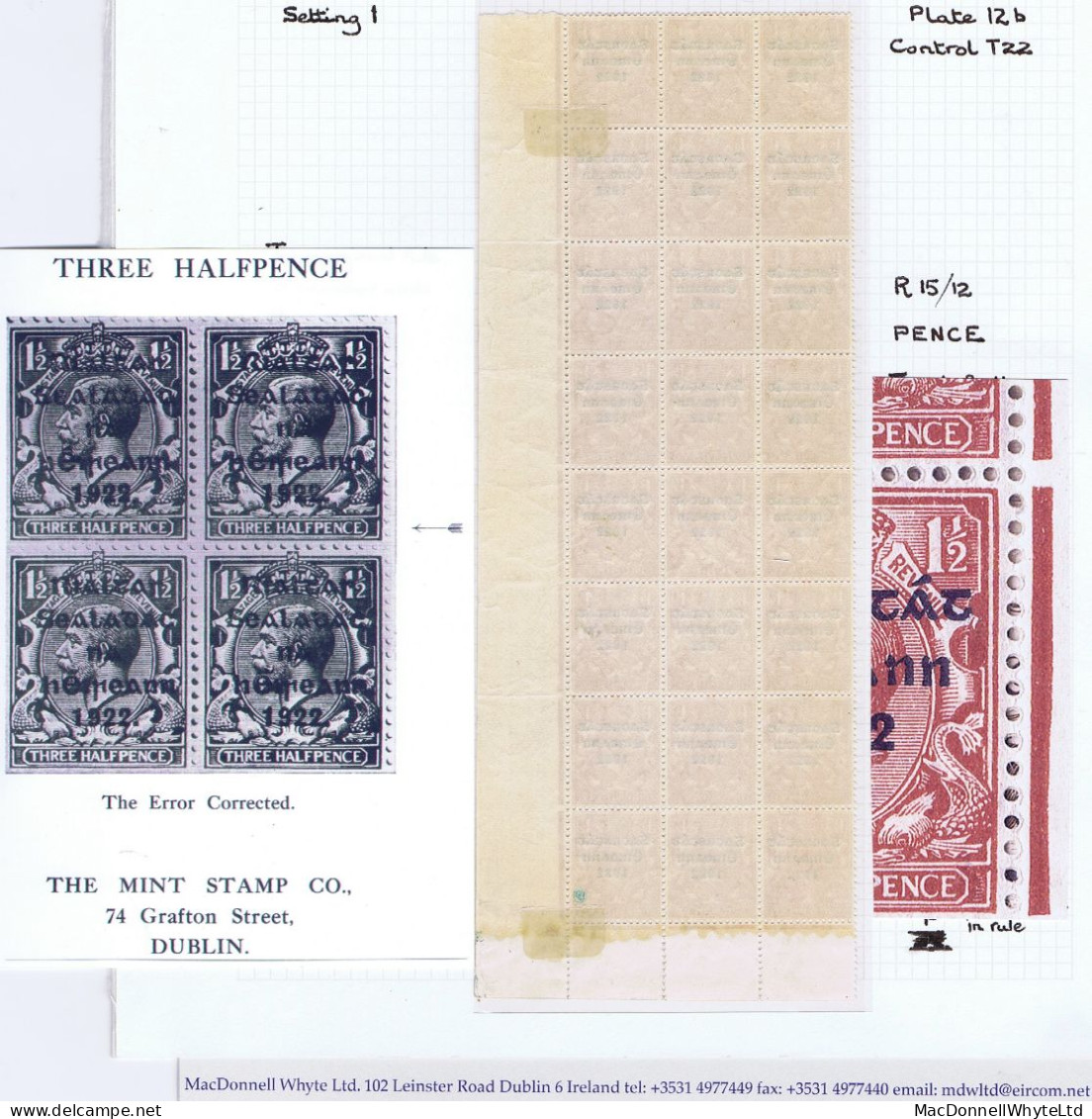 Ireland 1922-23 Thom Saorstat 3-line Ovpt On 1½d, Var. PENCF Corrected Of Row 15/12 In A Corner Block Of 24 Mint - Nuovi