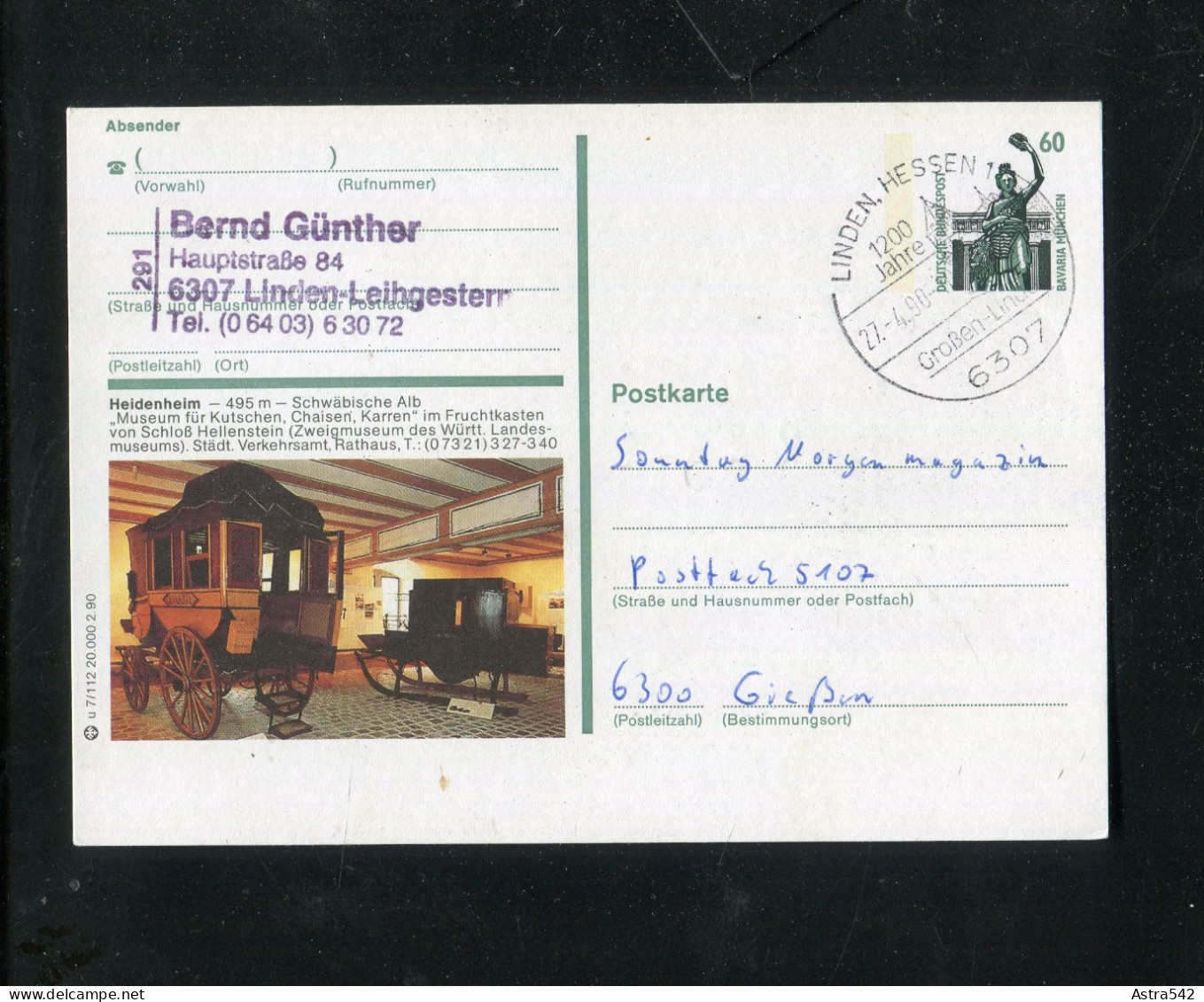 "BUNDESREPUBLIK DEUTSCHLAND" Bildpostkarte Bild "HEIDENHEIM, Kutschen", Stempel "Linden" (1428) - Stage-Coaches