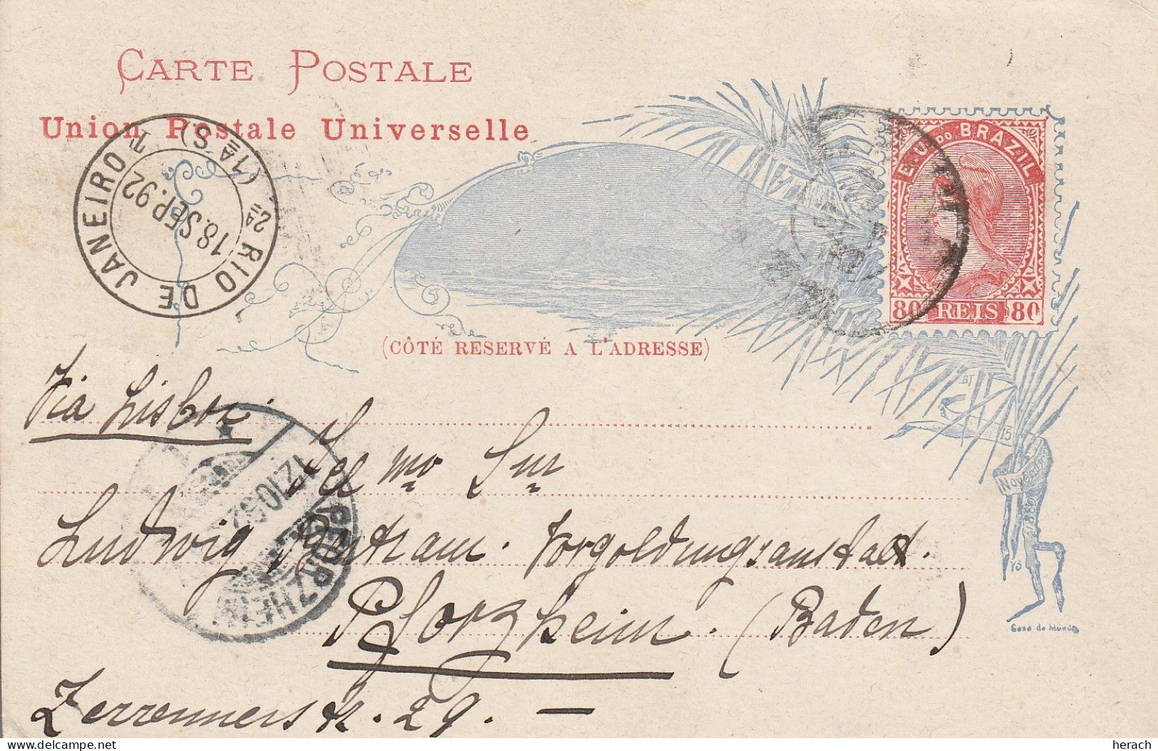 Brésil Entier Postal Illustré Pour L'Allemagne 1892 - Entiers Postaux