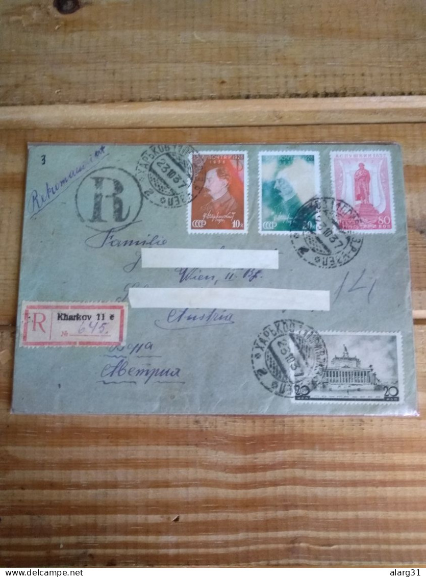 Ussr/Ucrania 1937.kharkov Registered To Austria.decolored Stamp Address Covered.yv604/5 Dzer.yv594 Pushkin.yv600 Archit. - Brieven En Documenten