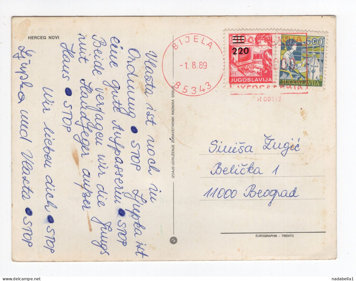 1989. YUGOSLAVIA,MONTENEGRO,BIJELA RED CANCELLATION,POSTCARD,USED - Yougoslavie