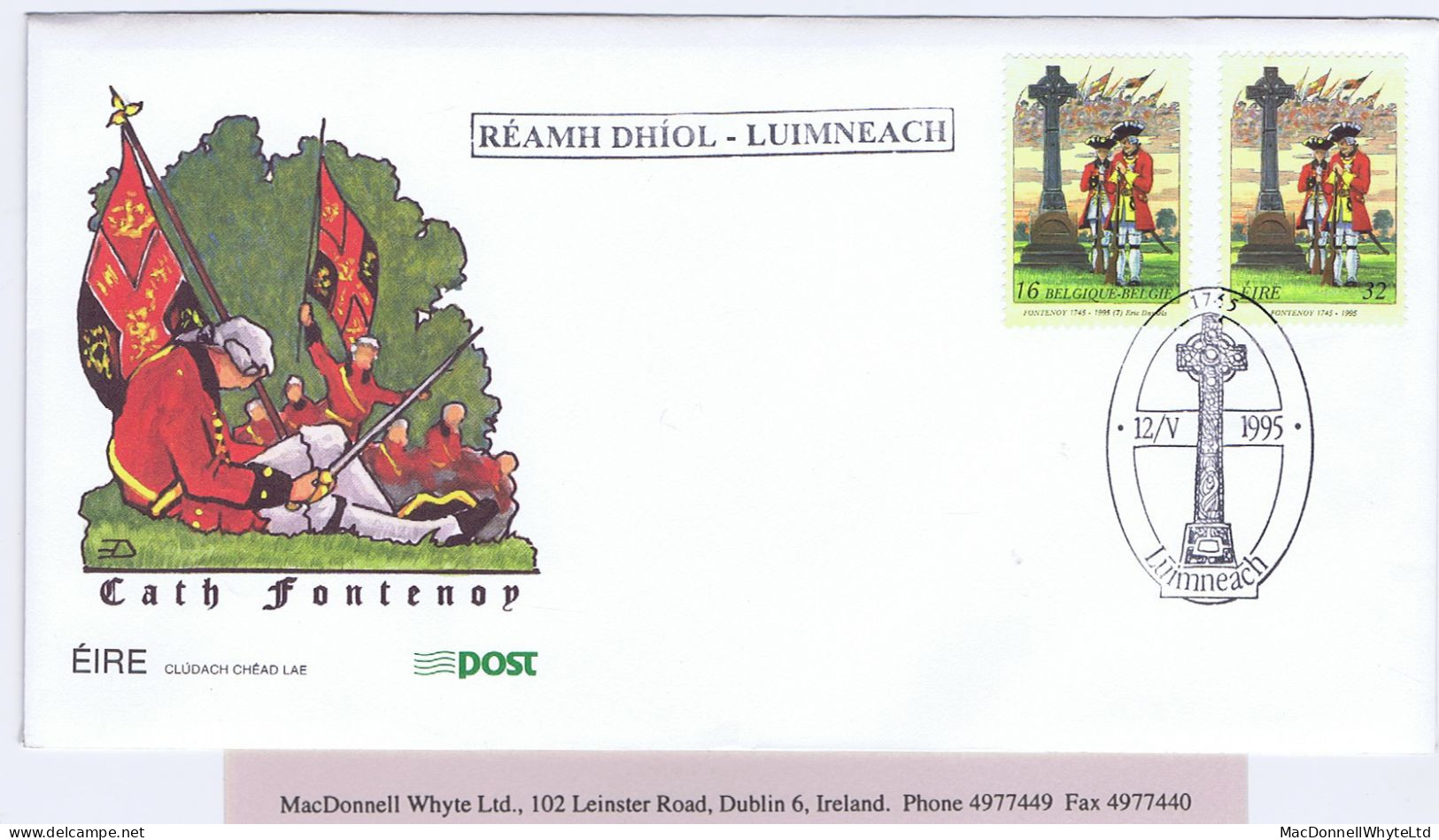 Ireland 1995 Battle Of Fontenoy Combination First Day Cover With Irish 32p Plus Belgian 16fr Limerick 12 V 1995 - FDC