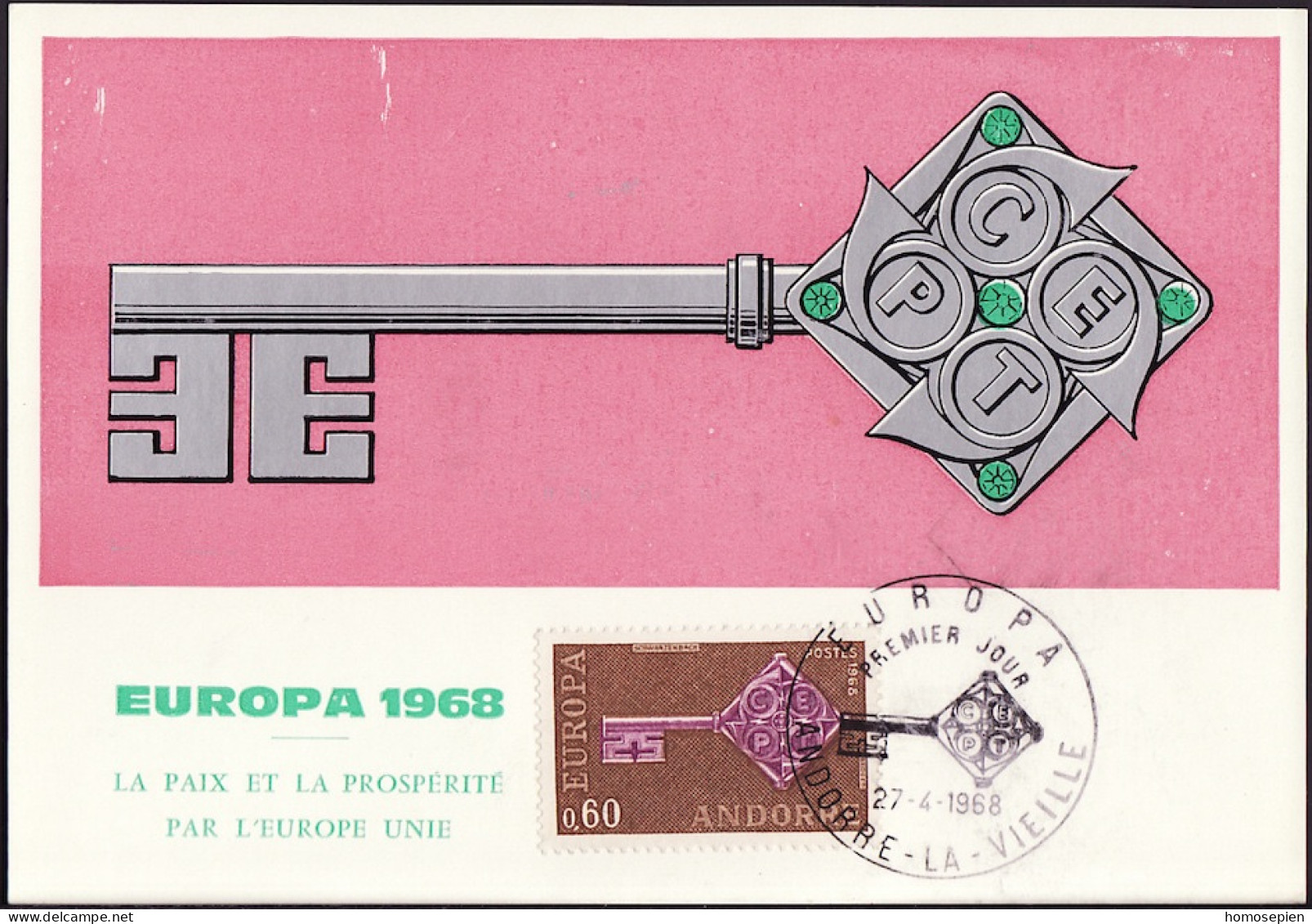 Andorre Français - Andorra CM 1968 Y&T N°189 - Michel N°MK209 - 60c EUROPA - Cartas Máxima