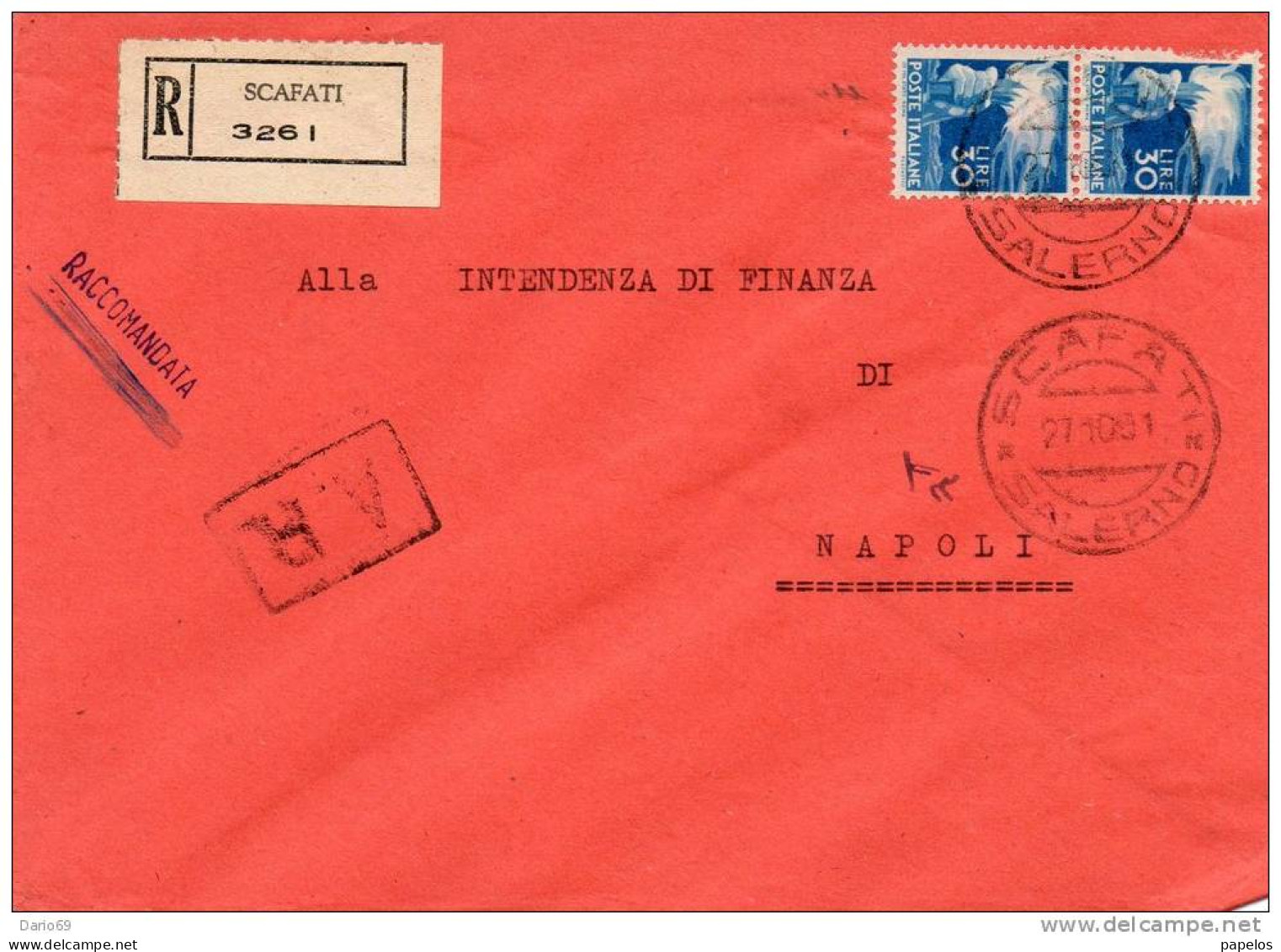 1951 LETTERA RACC. CON ANNULLO SCAFATI SALERNO - Strafport Voor Mandaten