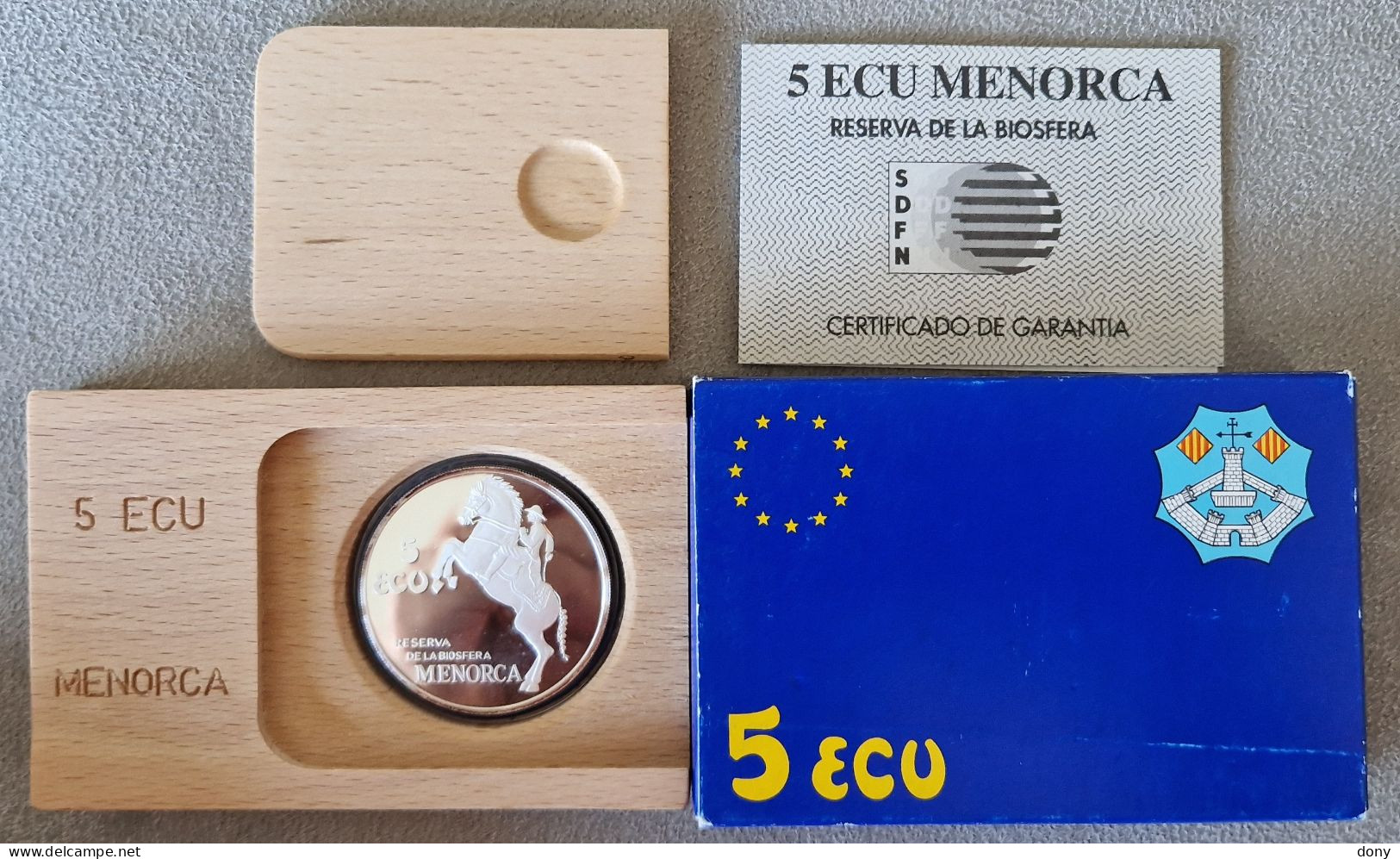 Moneda 5 Ecu Plata 999 1996 Consell Insular De Menorca, España 1 Onza Oz Silver. Certificado Y Caja - Prove & Monete Ribattute