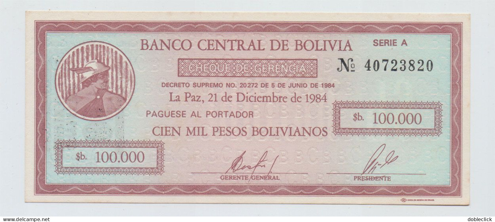 BOLIVIA - 10c ON 100000 PESOS BOLIVIANOS P-197 - 1984 UNC TONE - Bolivia