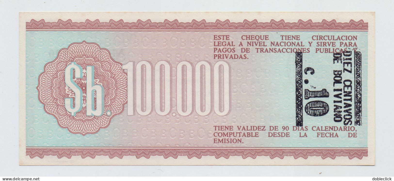 BOLIVIA - 10c ON 100000 PESOS BOLIVIANOS P-197 - 1984 UNC TONE - Bolivia