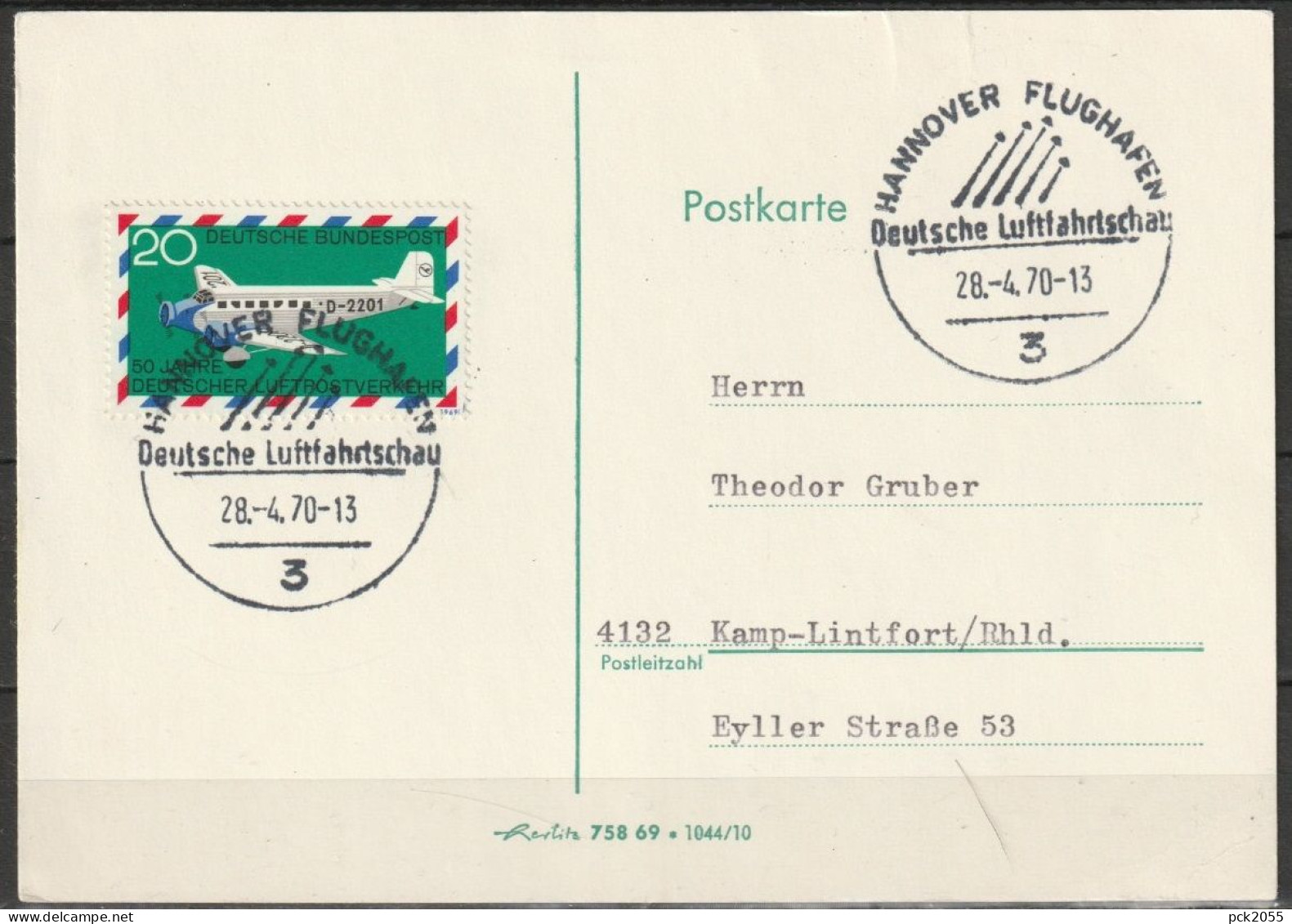 BRD Flugpost  Hannover Deutsche Luftfahrtschau  28.4.1970 Michel Nr.576( FP 3304) - Lettres & Documents