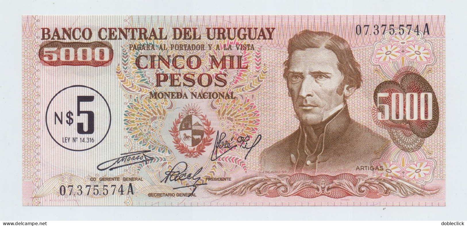 URUGUAY - 5 NUEVOS PESOS ON 5000 PESOS P-57 - 1975 UNC - Uruguay