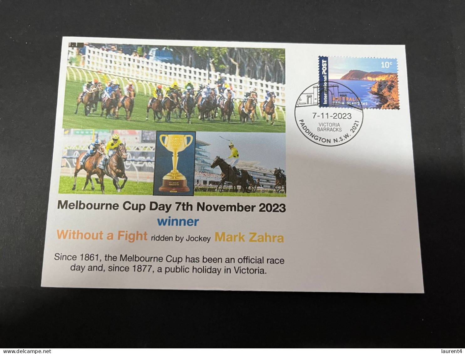 9-11-202 (1V 42) Australia - 7th November 2023 - Melbourne Cup (winner Without A Fight - Ridder Mark Zahra) OZ Stamp - Brieven En Documenten