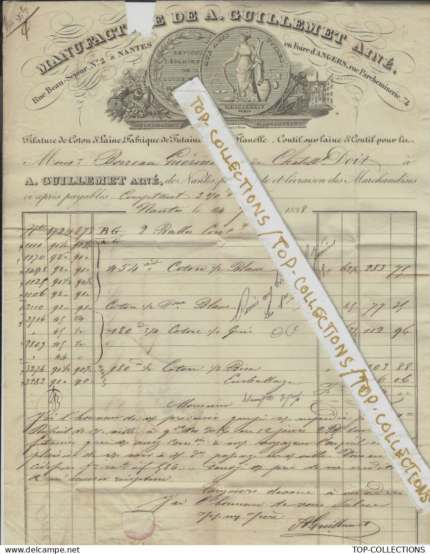 1838 SUPERBE ENTETE FACTURE Guillemet Ainé  Nantes Filature Coton Laine > Borreau Guerineau Chatellerault Vienne V.HIST. - 1800 – 1899