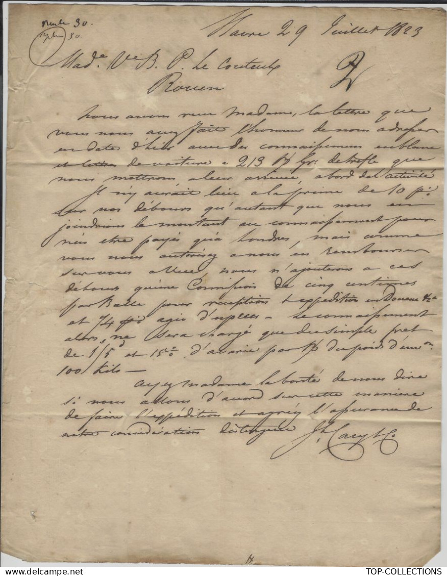 1823 Le Havre Jh Cary Pour Mme Lecouteulx à Rouen Banque Finance Négoce  Expédition NAVIRE V.HISTORIQUE - 1800 – 1899