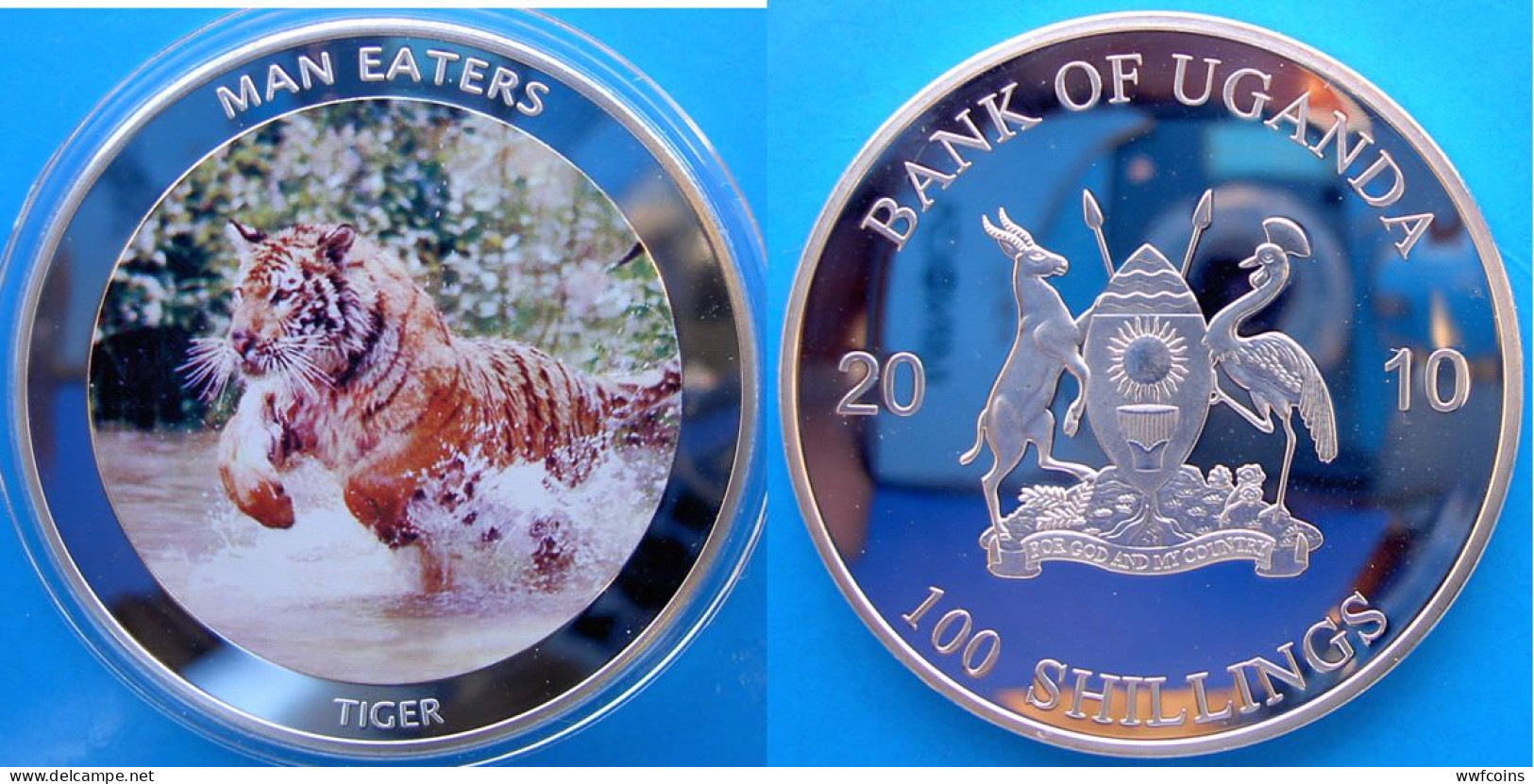 UGANDA 100 S 2010 PROOF SILVER PLATED  MAN EATERS TIGER TIGRE PESO 50g CONSERVAZIONE FONDO SPECCHIO UNC - Oeganda