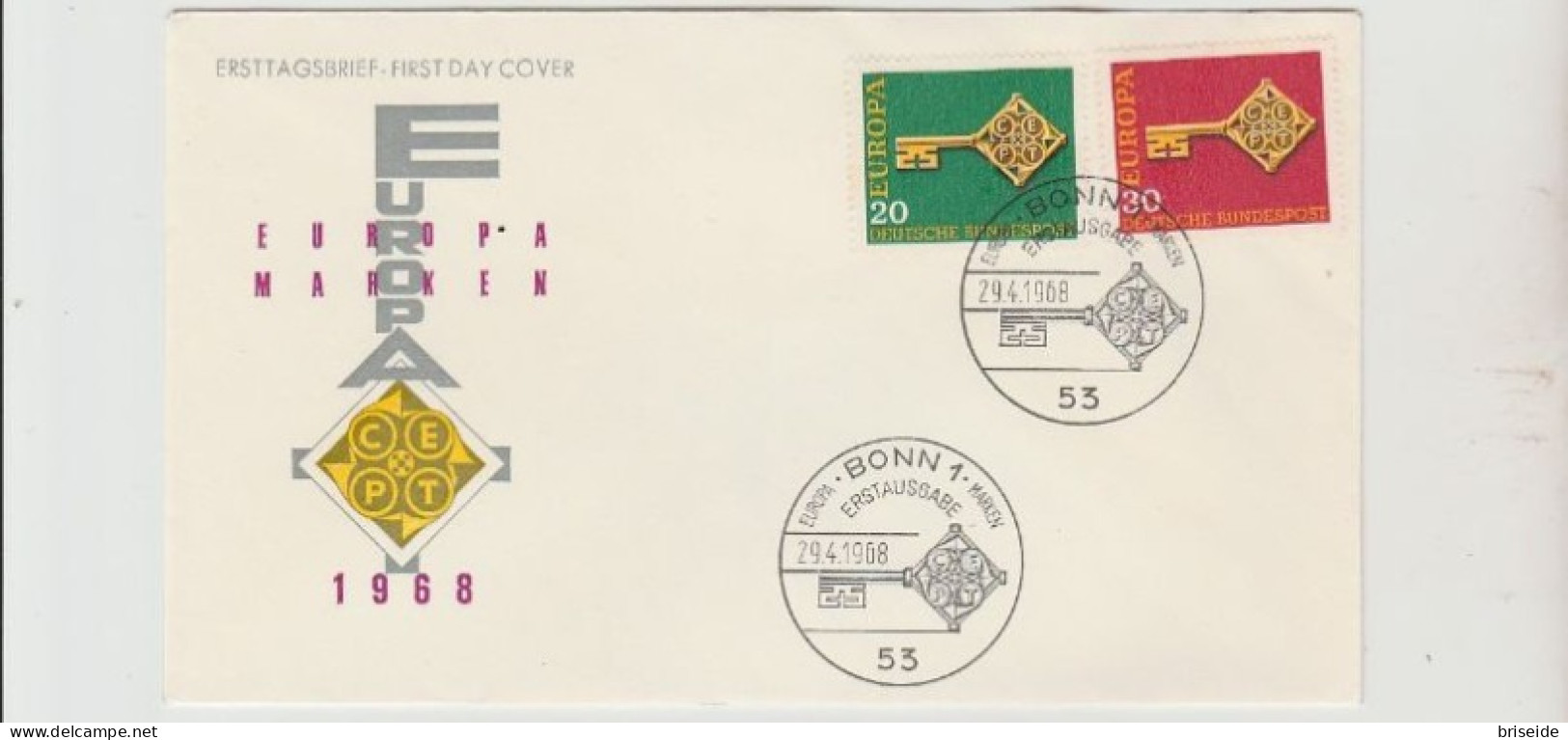 1968 N.1 BUSTA EUROPA CEPT PREMIER JOUR D'EMISSION FIRST DAY COVER ERSTTAGSBRIEF 1°GIORNO EMISSIONE DEUTSCHE BUNDESPOST - 1968