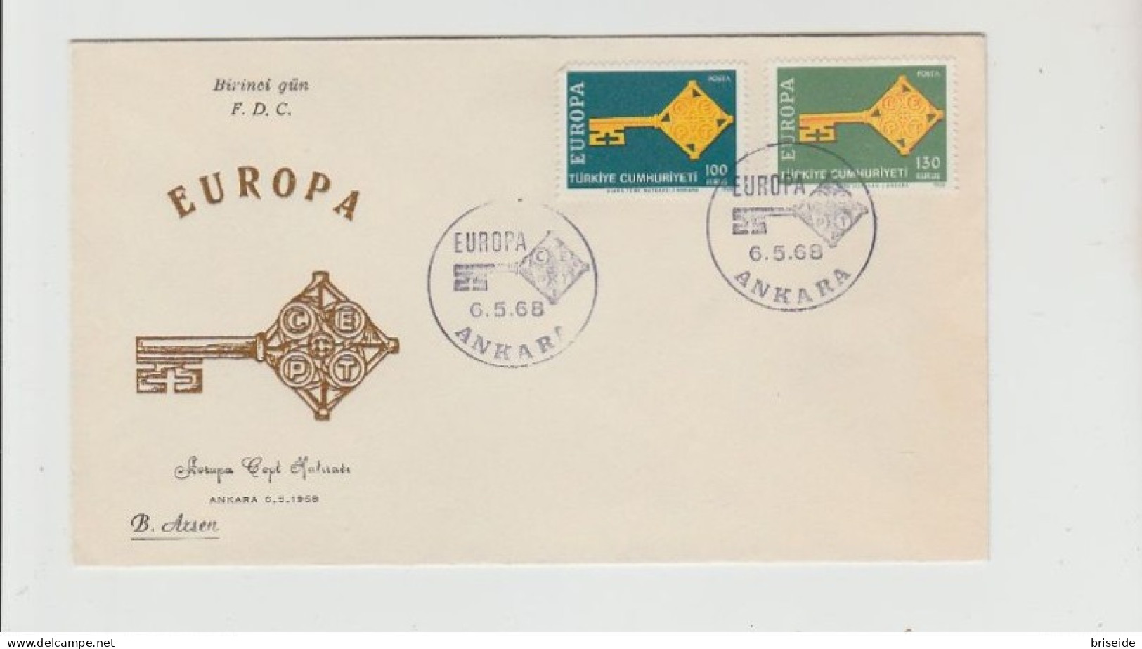 1968 N.1 BUSTA EUROPA CEPT PREMIER JOUR D'EMISSION FIRST DAY COVER ERSTTAGSBRIEF 1°GIORNO EMISSIONE TURKIYE CUMHURIYETI - 1968