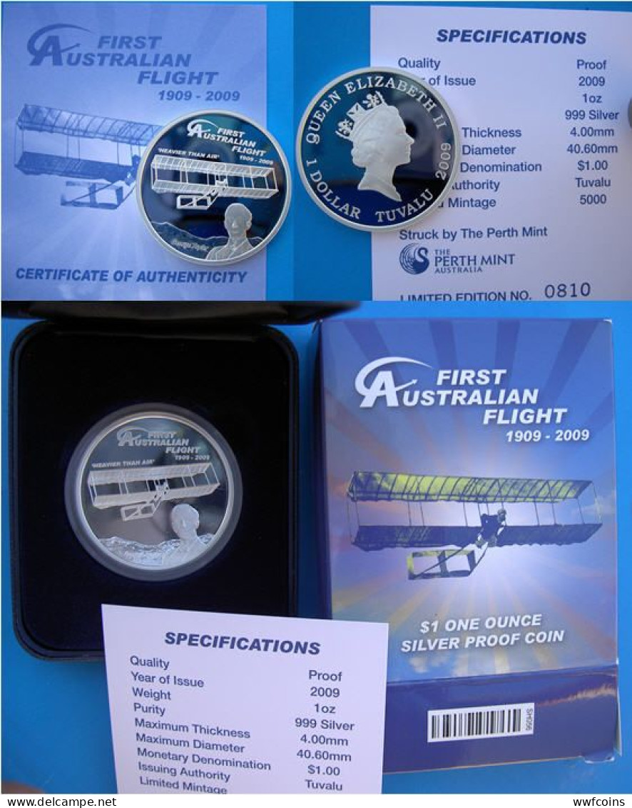 TUVALU 1 $ 2009 ARGENTO PROOF SILVER 999 OZ FIRST AUSTRALIAN FLIGHT HEAVIER THAN AIR PESO 31,135g TITOLO 0,999 - Tuvalu