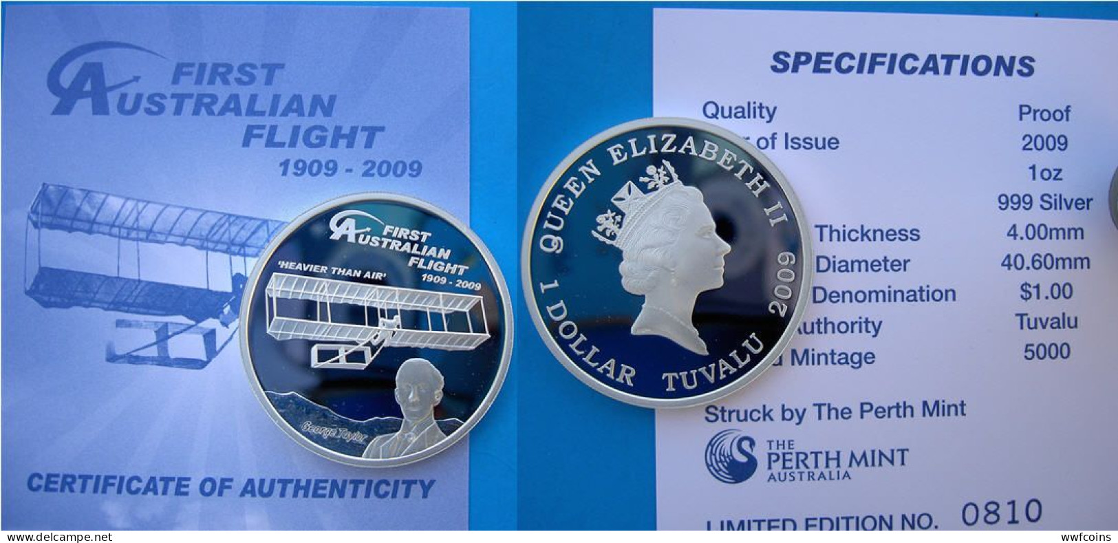 TUVALU 1 $ 2009 ARGENTO PROOF SILVER 999 OZ FIRST AUSTRALIAN FLIGHT HEAVIER THAN AIR PESO 31,135g TITOLO 0,999 - Tuvalu